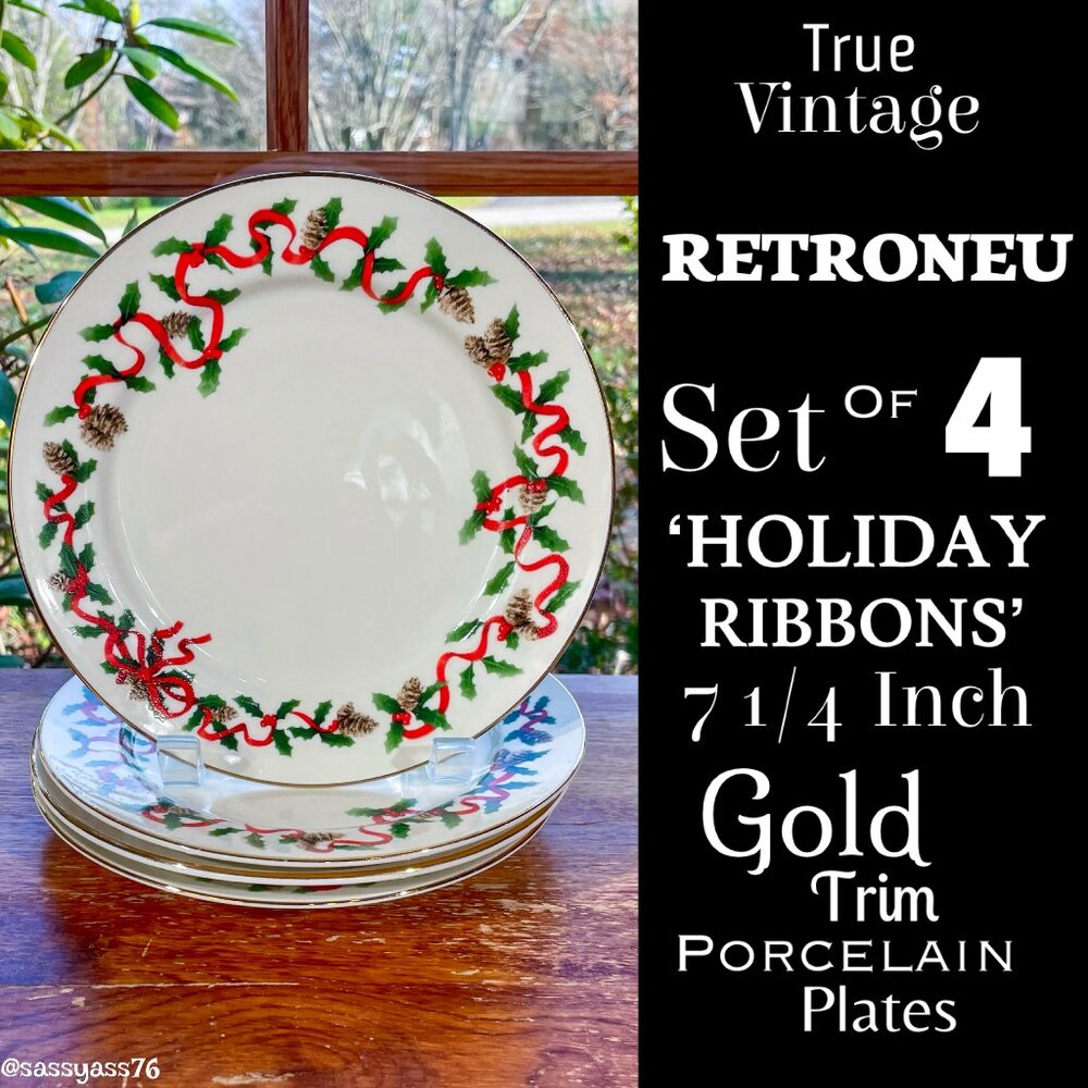 ▪️VTG▪️RETRONEU▪️Set of 4 HOLIDAY RIBBONS 7.25" Gold Trim Porcelain Plates